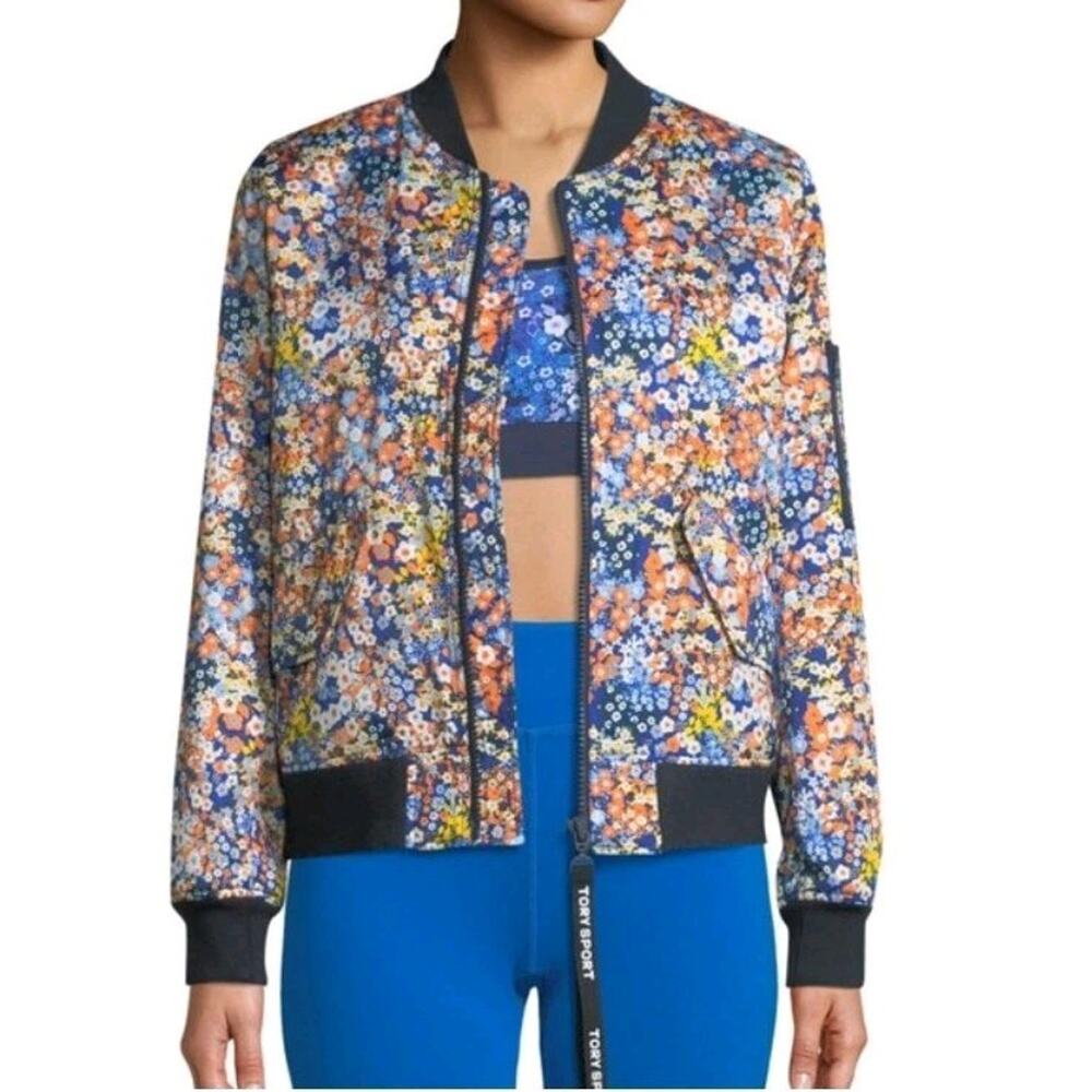 Tory Burch Sport Navy Floral Satin Bomber Jacket Sz Large